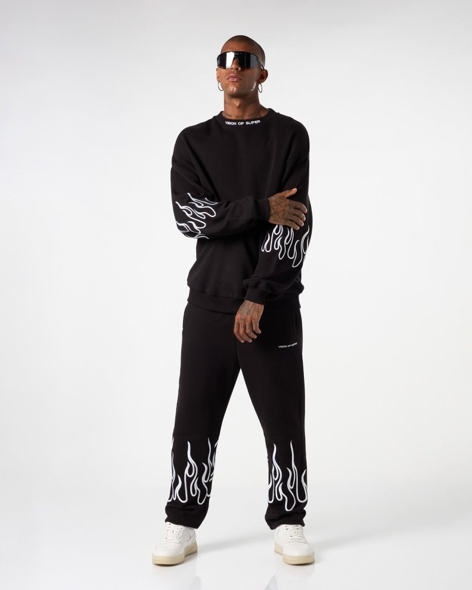 Vision Of Super BLACK CREWNECK WITH WHITE EMBROIDERED FLAMES Saldi