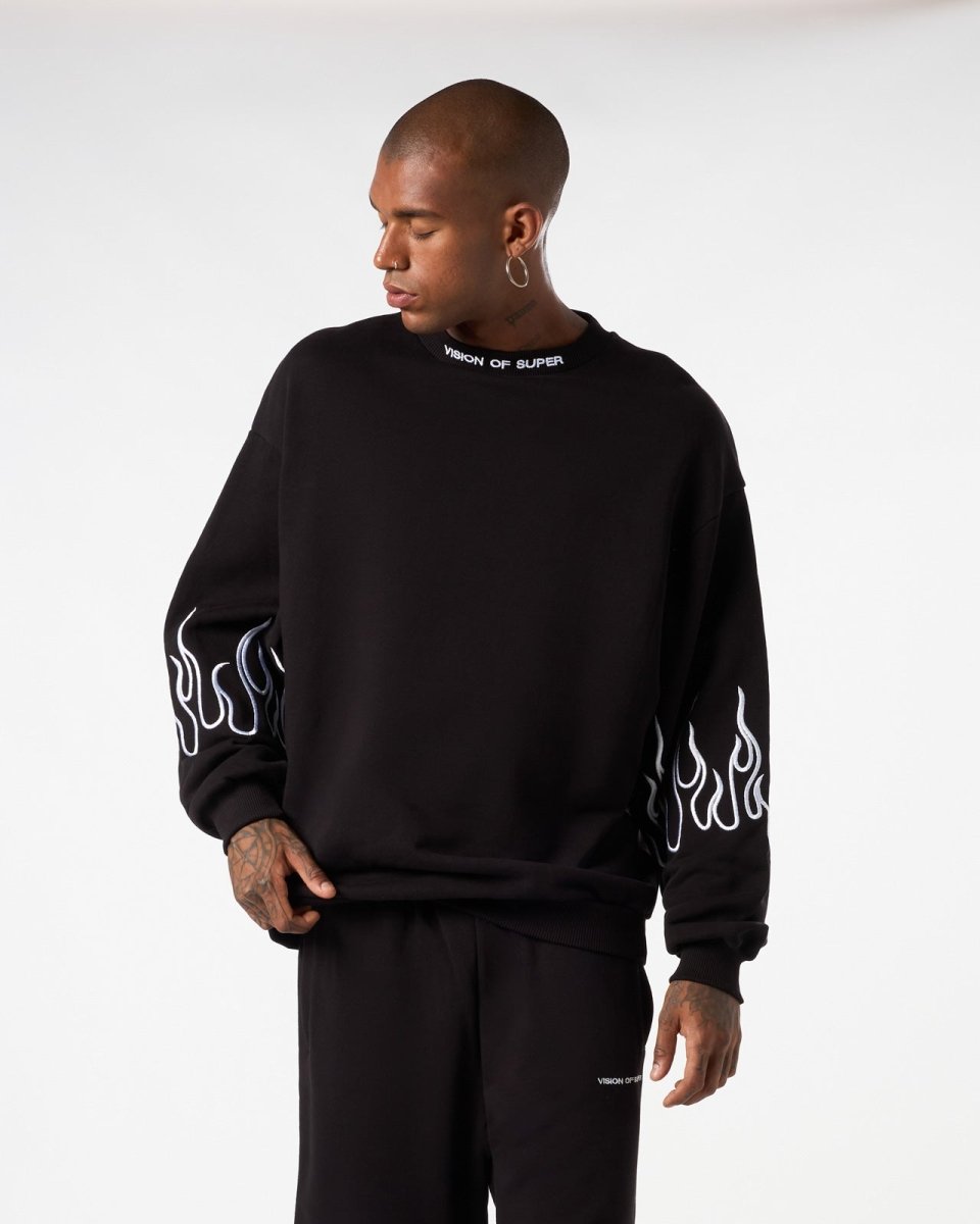 Vision Of Super BLACK CREWNECK WITH WHITE EMBROIDERED FLAMES Saldi
