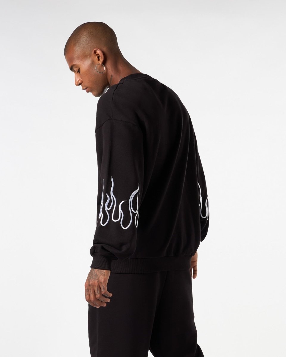 Vision Of Super BLACK CREWNECK WITH WHITE EMBROIDERED FLAMES Saldi