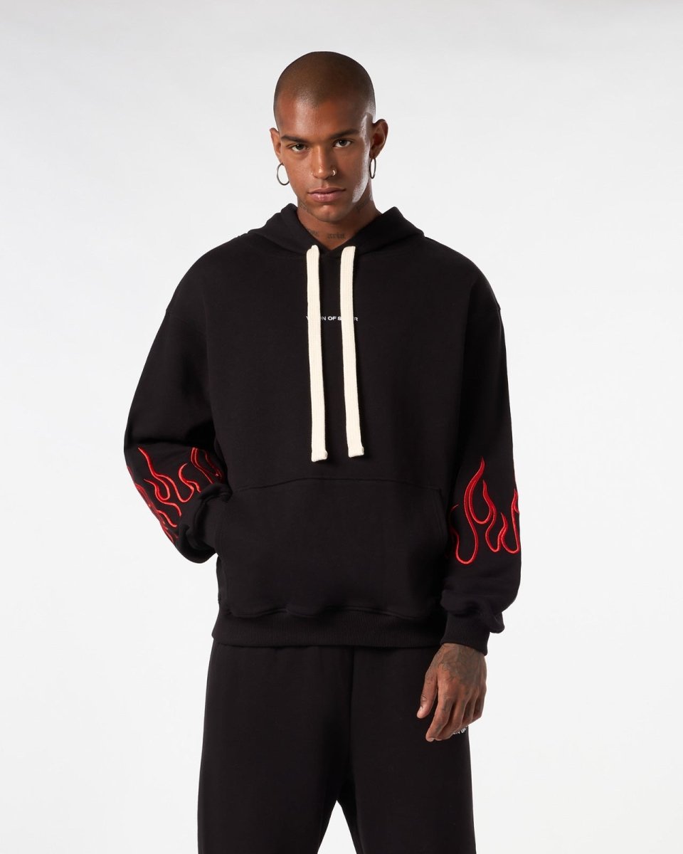 Vision Of Super BLACK HOODIE WITH RED EMBROIDERED FLAMES Hotsell