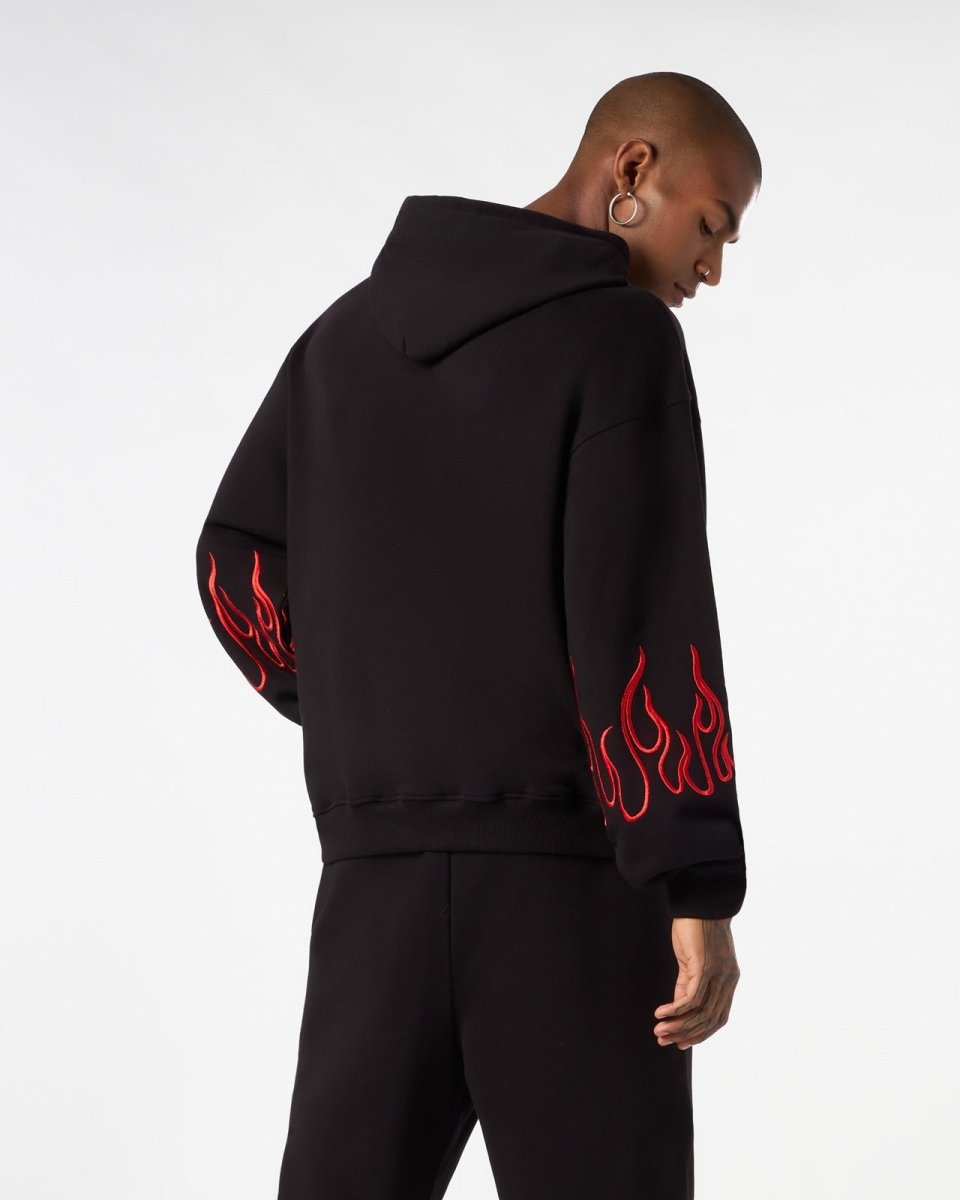 Vision Of Super BLACK HOODIE WITH RED EMBROIDERED FLAMES Hotsell