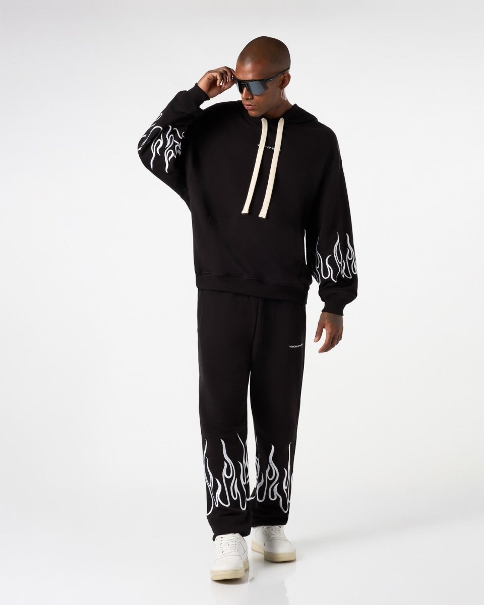 Vision Of Super BLACK HOODIE WITH WHITE EMBROIDERED FLAMES Vendita Calda