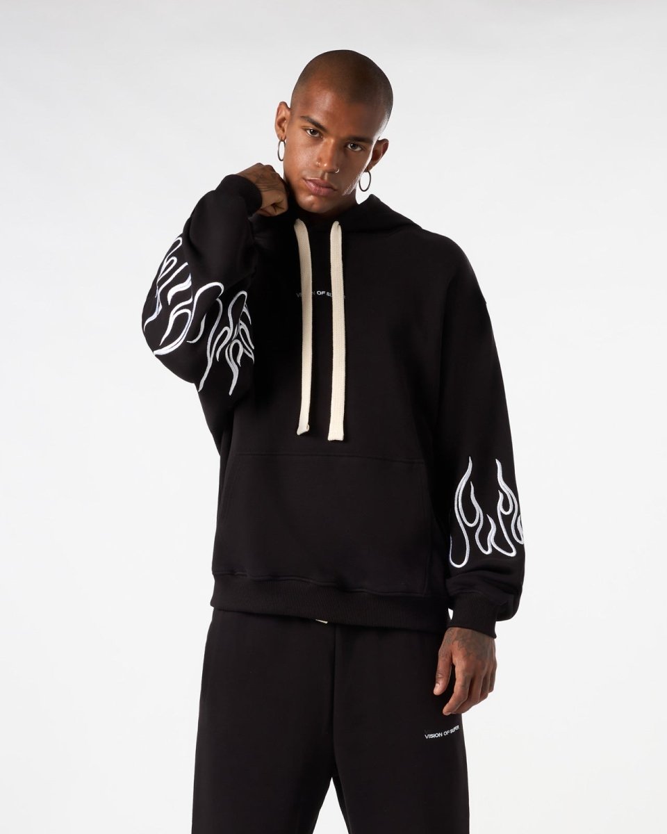 Vision Of Super BLACK HOODIE WITH WHITE EMBROIDERED FLAMES Vendita Calda
