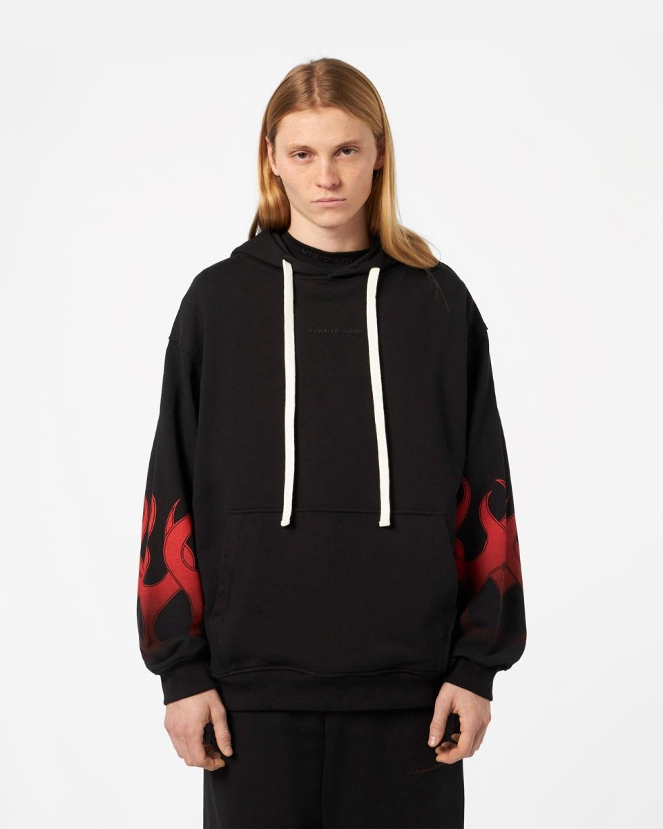 Vision Of Super BLACK HOODIE WITH RED FLAMES Vendita Economica