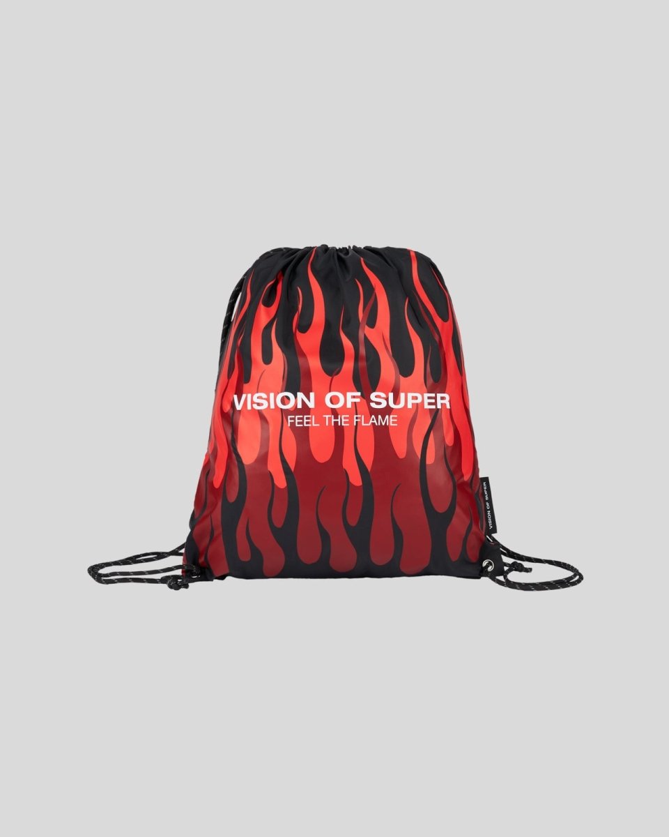 Vision Of Super BLACK DRAWSTRING BACKPACK WITH TRIPLE FLAMES AND LOGO PRINT Pezzi Unici