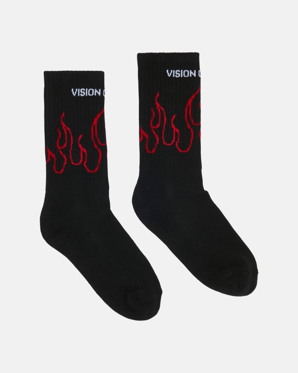 Vision Of Super BLACK SOCKS WITH RED OUTLINE FLAMES Affare Del Giorno