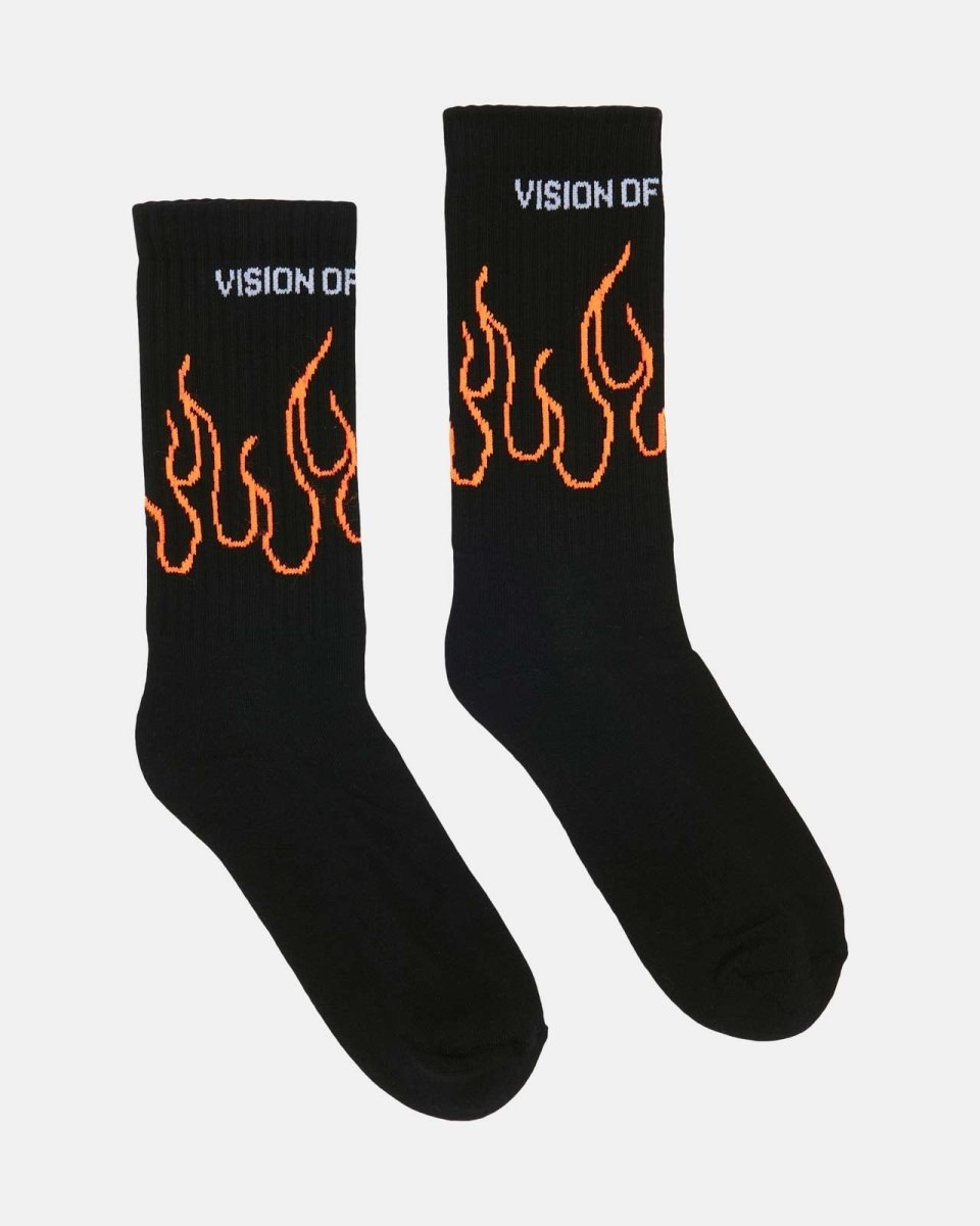 Vision Of Super BLACK SOCKS WITH ORANGE OUTLINE FLAMES Prezzo Ridotto
