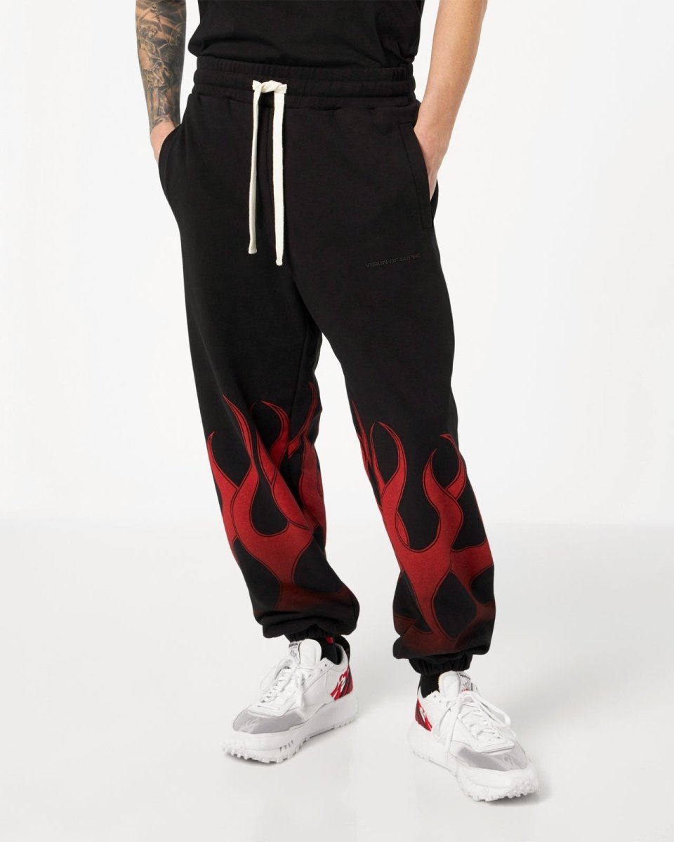 Vision Of Super BLACK PANTS WITH RED FLAMES Qualità