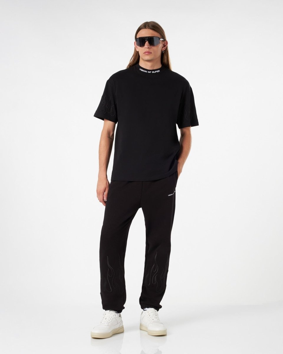 Vision Of Super BLACK PANTS WITH BLACK EMBROIDERED FLAMES Vendita