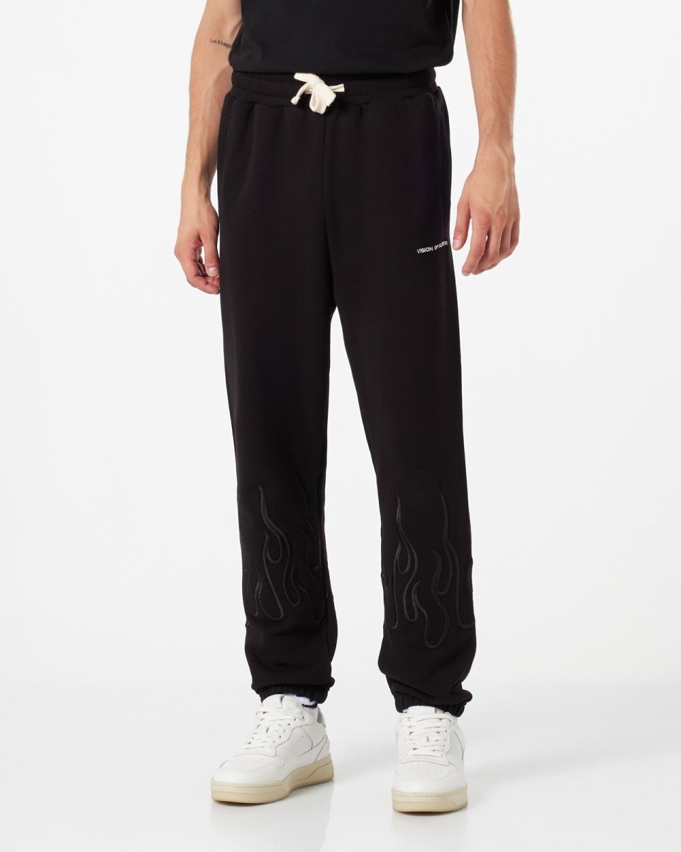 Vision Of Super BLACK PANTS WITH BLACK EMBROIDERED FLAMES Vendita