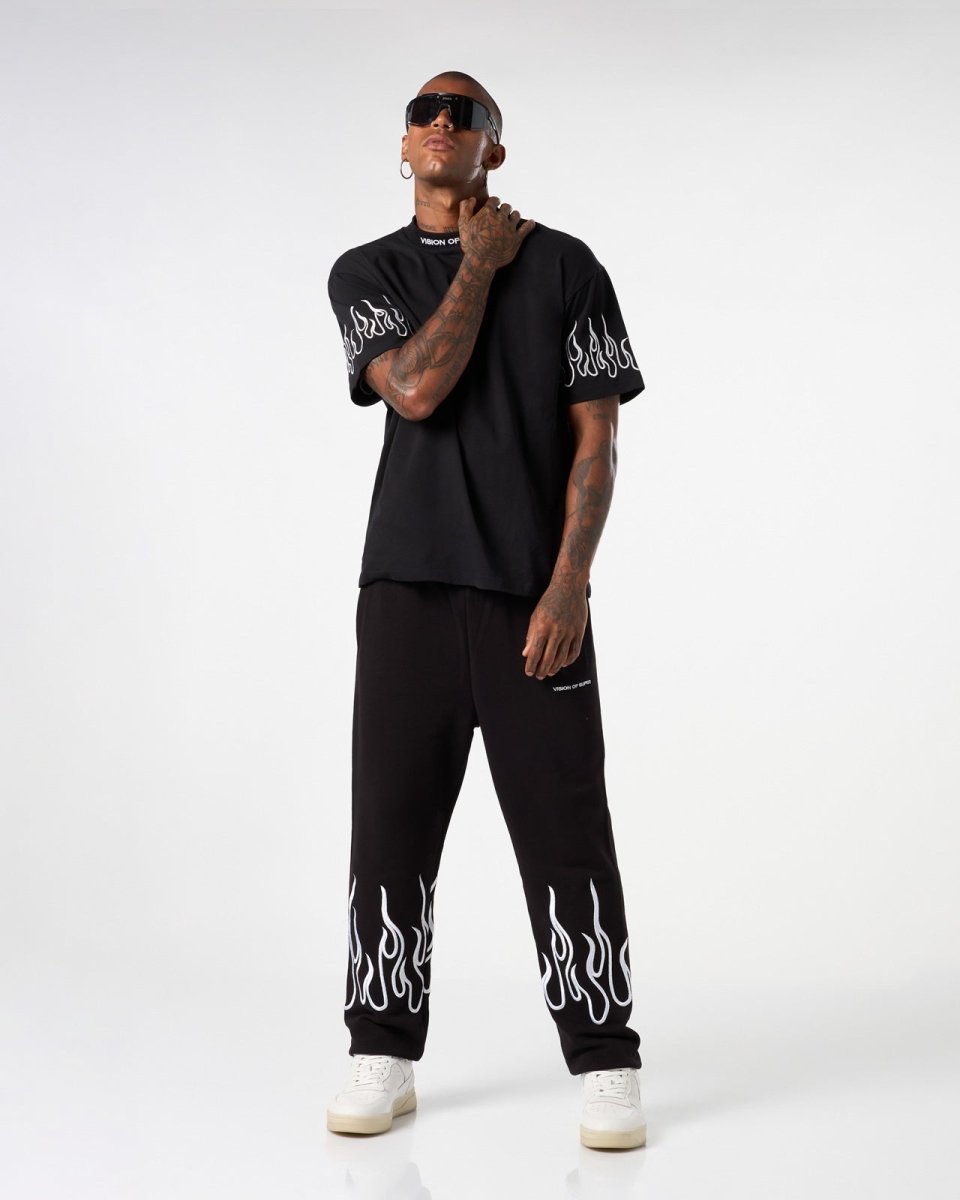 Vision Of Super BLACK PANTS WITH WHITE EMBROIDERED FLAMES Promozione