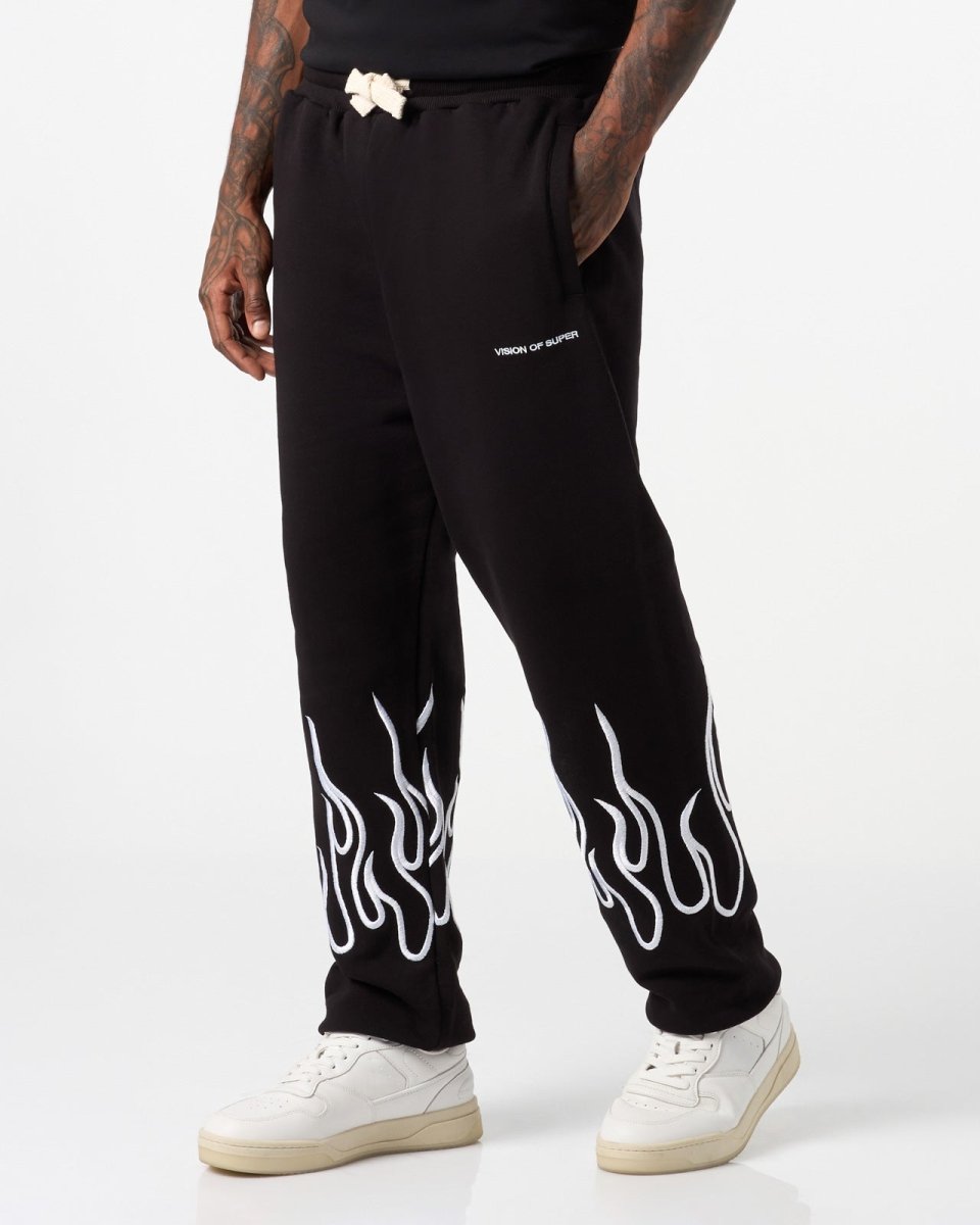 Vision Of Super BLACK PANTS WITH WHITE EMBROIDERED FLAMES Promozione