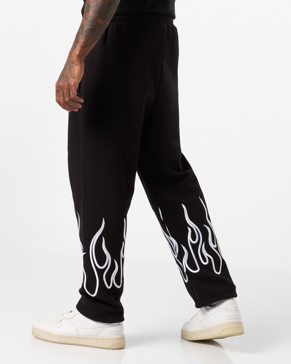 Vision Of Super BLACK PANTS WITH WHITE EMBROIDERED FLAMES Promozione