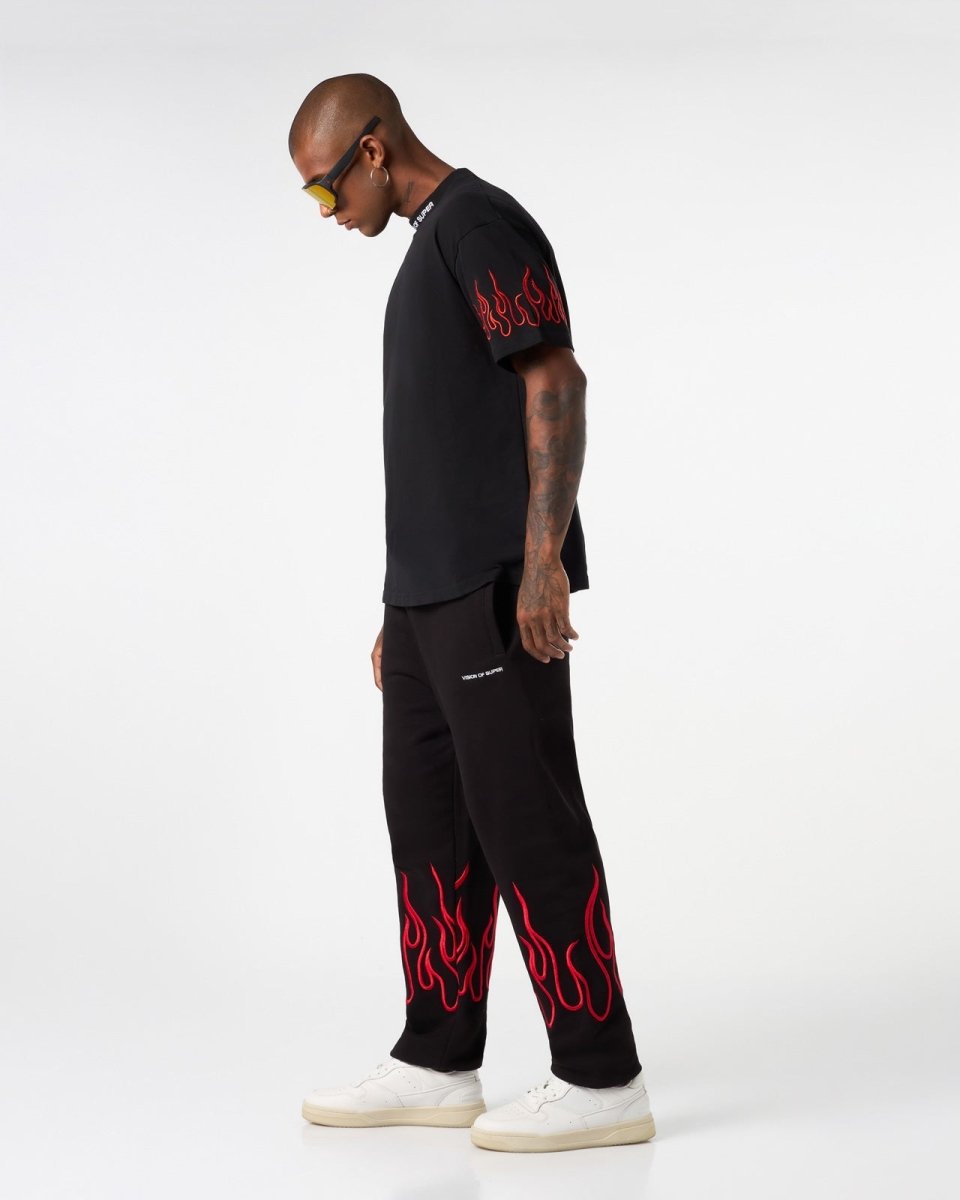 Vision Of Super BLACK PANTS WITH RED EMBROIDERED FLAMES Spedizione Gratuita