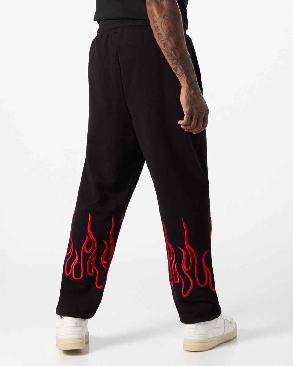 Vision Of Super BLACK PANTS WITH RED EMBROIDERED FLAMES Spedizione Gratuita