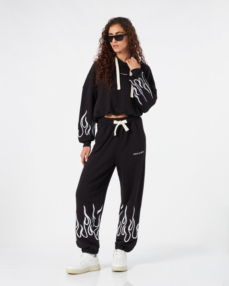 Vision Of Super BLACK WOMAN PANTS WITH WHITE EMBROIDERED FLAMES Pezzi Unici