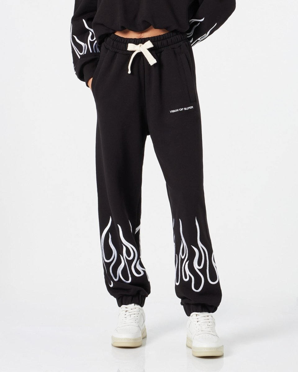 Vision Of Super BLACK WOMAN PANTS WITH WHITE EMBROIDERED FLAMES Pezzi Unici