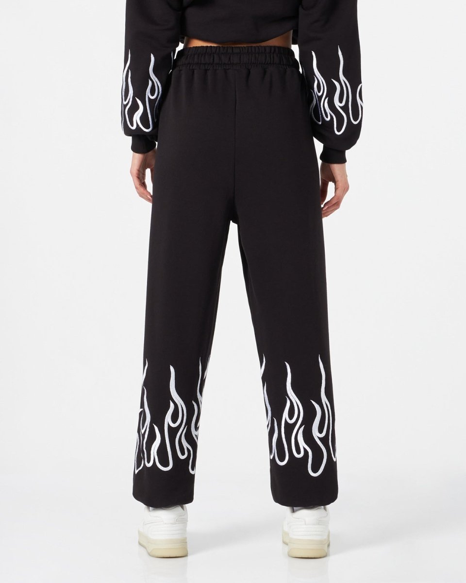 Vision Of Super BLACK WOMAN PANTS WITH WHITE EMBROIDERED FLAMES Pezzi Unici