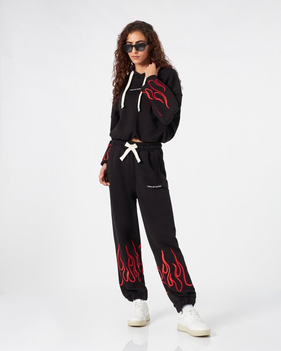 Vision Of Super BLACK WOMAN PANTS WITH RED FLAMES Soddisfazione Garantita