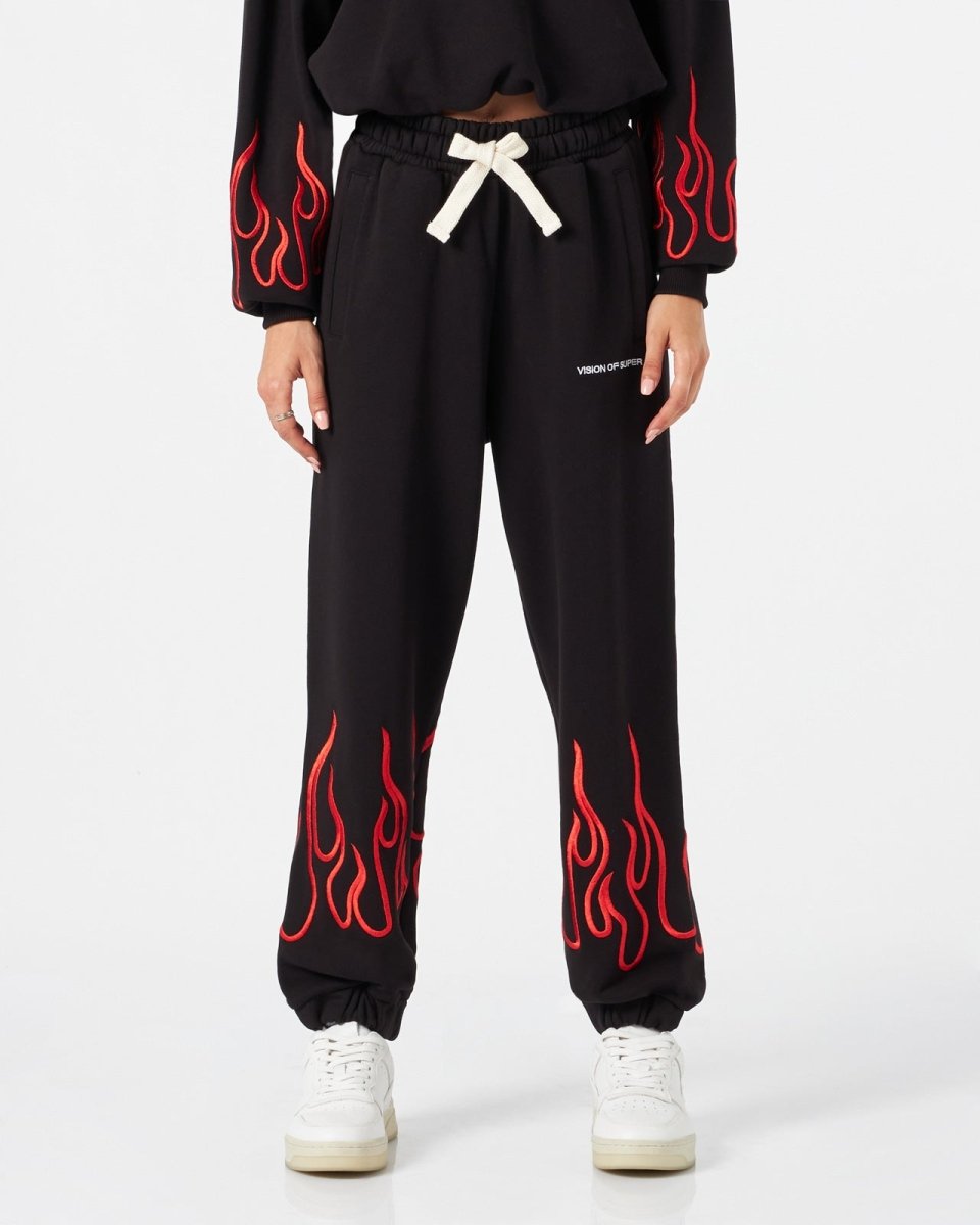Vision Of Super BLACK WOMAN PANTS WITH RED FLAMES Soddisfazione Garantita