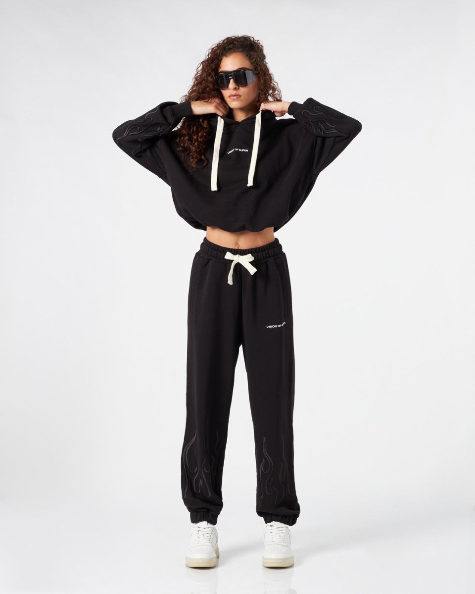 Vision Of Super BLACK WOMAN PANTS WITH BLACK EMBROIDERED FLAMES Qualità Garantita