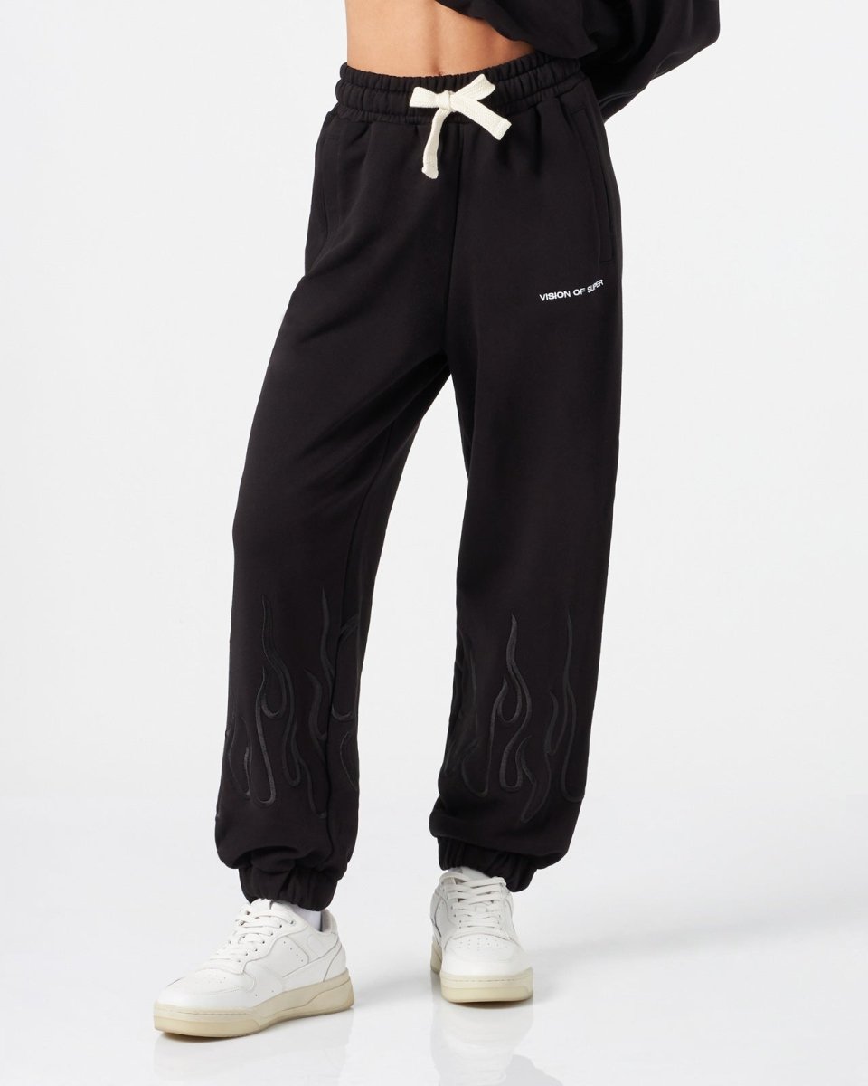 Vision Of Super BLACK WOMAN PANTS WITH BLACK EMBROIDERED FLAMES Qualità Garantita