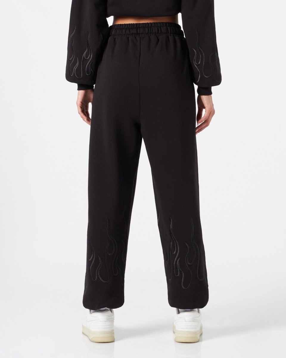 Vision Of Super BLACK WOMAN PANTS WITH BLACK EMBROIDERED FLAMES Qualità Garantita