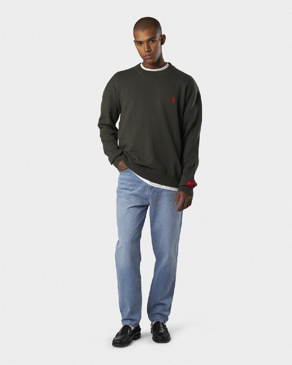 Vision Of Super MILITARY GREEN SWEATER WITH RED FLAME AND PRINTED LOGO Consegna Veloce