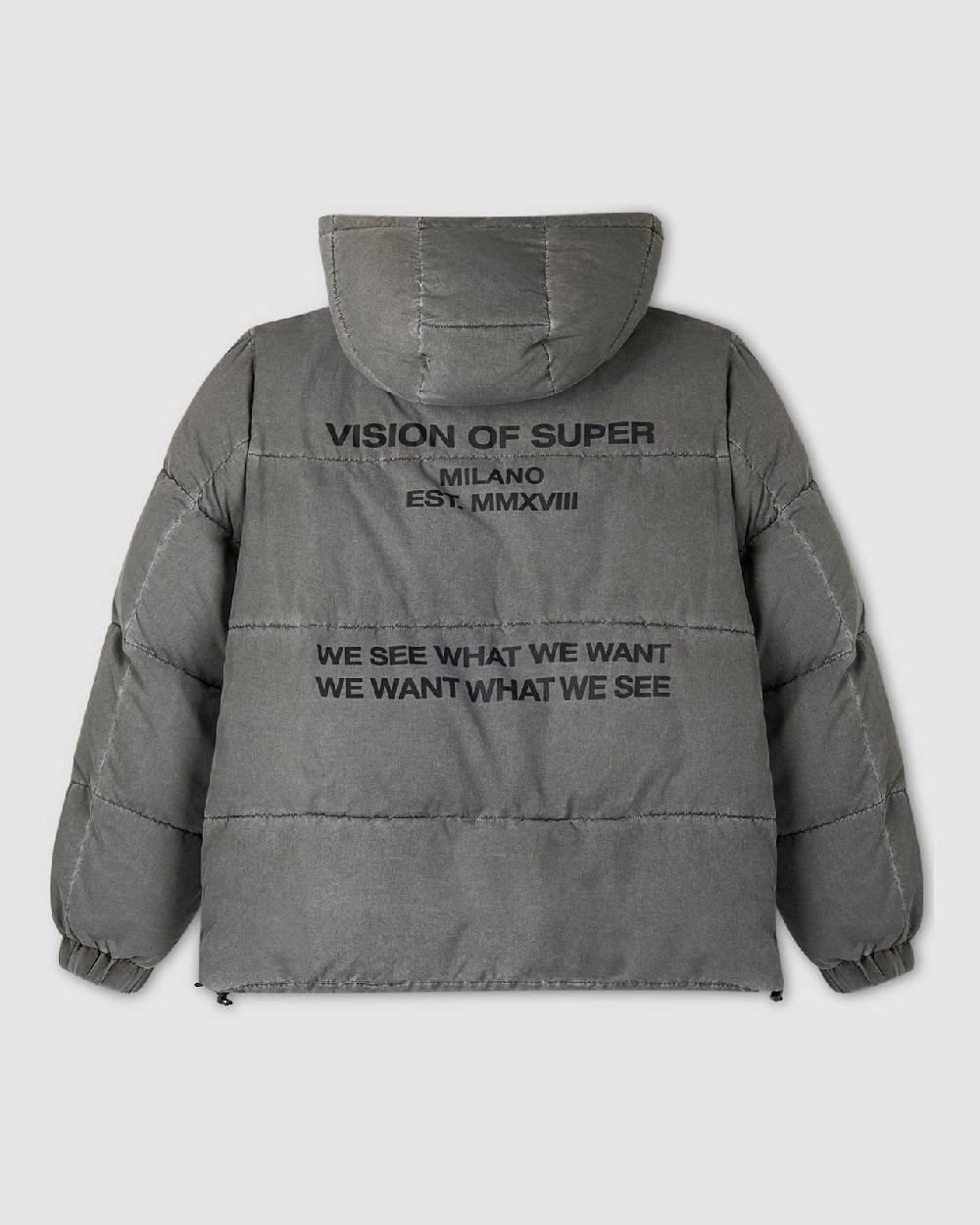 Vision Of Super WASHED PUFFY JACKET WITH RED LABEL AND VOS MILANO TEXT PRINTED ON BACK Moda
